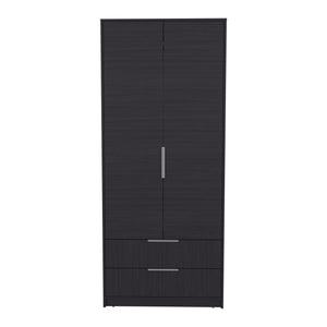English Elm Wenden Tall Black Armoire with Double Doors, Two Drawers, Hanging Rod & Interior Shelves for Small Spaces B200S00433