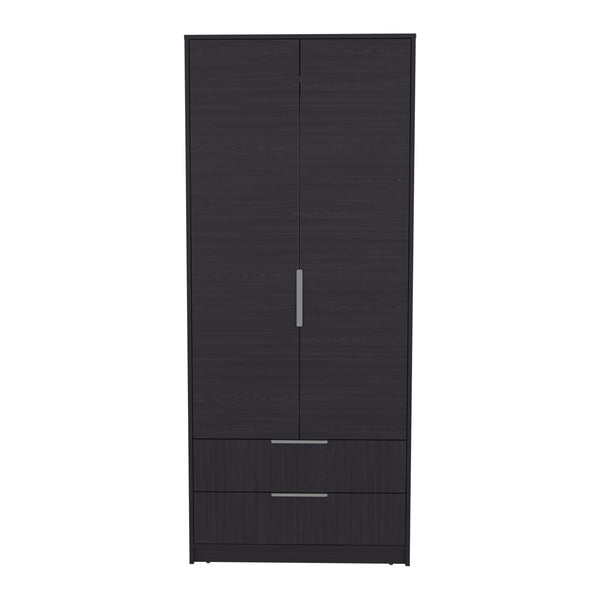 English Elm Wenden Tall Black Armoire with Double Doors, Two Drawers, Hanging Rod & Interior Shelves for Small Spaces B200S00433