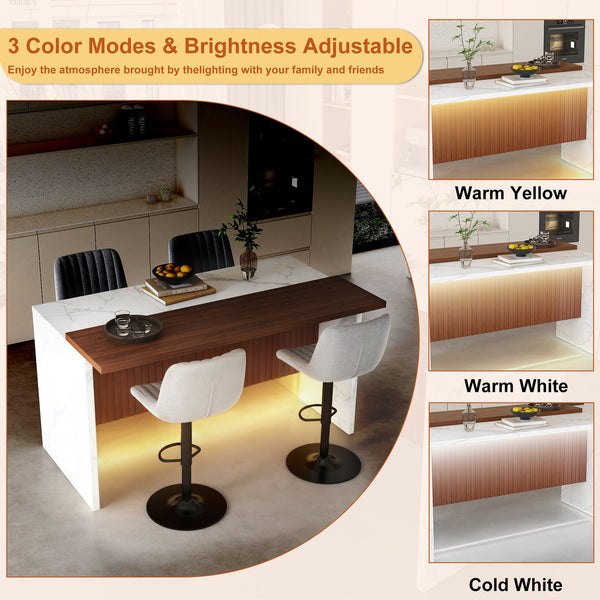 English Elm 63" Modern Kitchen Island Set With 4 Gray Bar Stools - Stylish Marble Finish, Led Light & Versatile Design W2699S00072