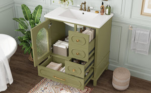English Elm 30" Freestanding Bathroom Vanity Solid Wood Cabinet Ceramic Basin 3 Drawer Storage Green W1580P382512
