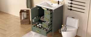 English Elm 24" Olive Bathroom Vanity Solid Wood Frame Ceramic Sink Gold Hardware Soft Close Olive Green N729P373272F