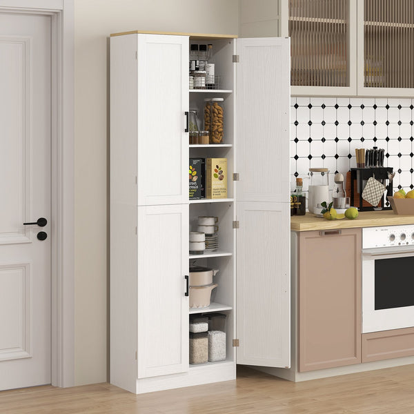 English Elm HOMCOM 67" Freestanding Kitchen Pantry Cabinet with 4 Doors, 6-Tier Adjustable Shelves, Rustic Charm White W2225P249923