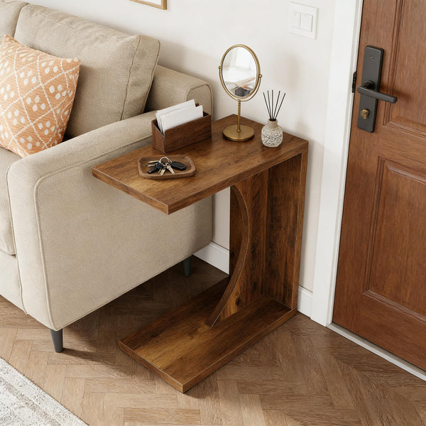 English Elm Modern Two Tier End Table Black Metal Frame Wood Grain Surface for Living Room T3971P453700