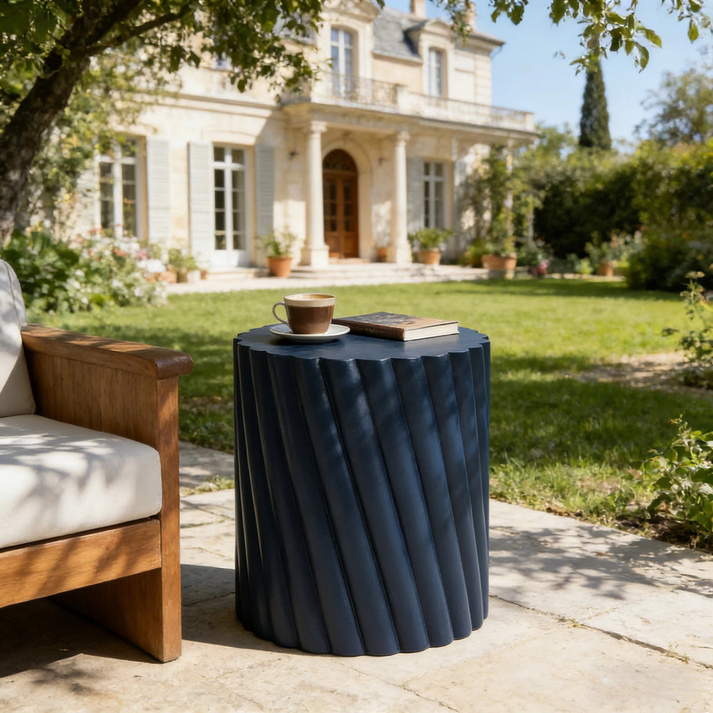 English Elm Modern Fluted Mgo Outdoor Accent Stool Weather Resistant Patio Navy Sculptural Table N770P396700N