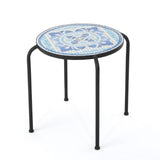 Christopher Knight Home® - Noble House - Skye Outdoor Blue and White Ceramic Tile Side Table with Iron Frame