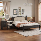 3-Piece Bedroom Set: Queen Bed Frame, Vintage Nightstand, Makeup Vanity Set with Stool, Black