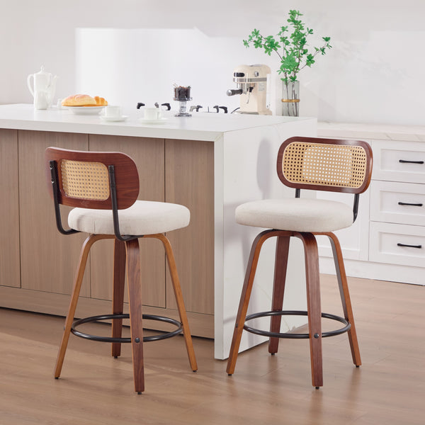English Elm Set of 2 Swivel Counter Stools Walnut Frame Rattan Back Linen Seat Kitchen Island Beige W1143P392171