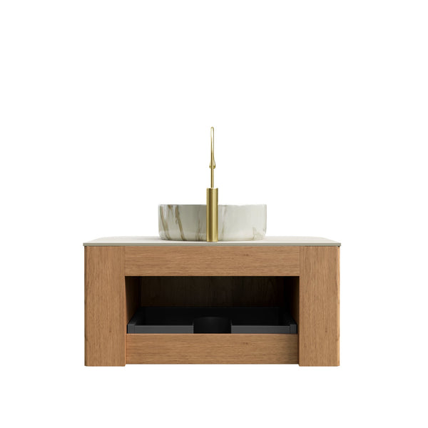 English Elm Muri Floating Bathroom Vanity Plywood Cabinet Sintered Stone Top Oak Drawer Beige,Natural Wood,White W2615S00508