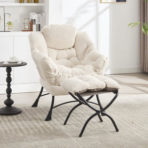 English Elm Lazy Chair Plush Ottoman Lounge Chair with Ergonomic Back, Side Pocket, Steel Frame Comfort White W640P271553