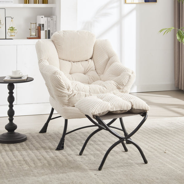 English Elm Lazy Chair Plush Ottoman Lounge Chair with Ergonomic Back, Side Pocket, Steel Frame Comfort White W640P271553