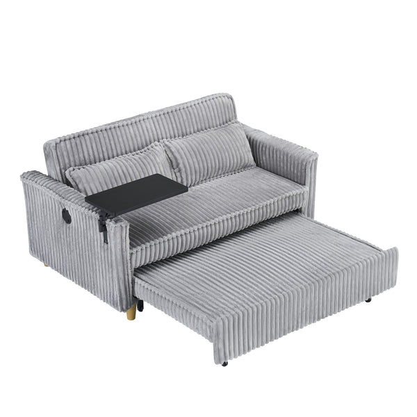 English Elm The pull-out and push-in corduroy sofa with convertible bed, movable tabletop and built-in USB ports Gray W3371P316050