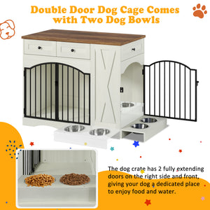 English Elm Go Farmhouse Wooden Dog Crate End Table with 3 Drawers and Built-in Pet Feeder N704P371282D