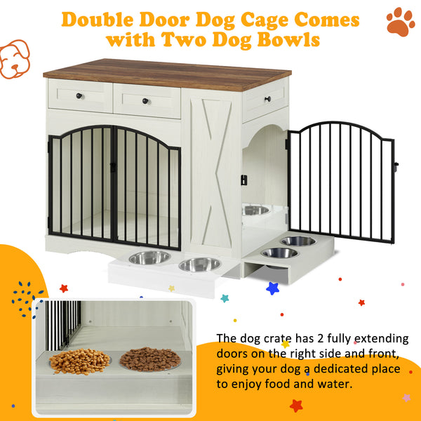 English Elm Go Farmhouse Wooden Dog Crate End Table with 3 Drawers and Built-in Pet Feeder N704P371282D
