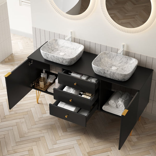 English Elm Gema 60" Freestanding Bathroom Vanity With Gold Legs, Dual Vessel Sinks & Stylish Storage Design W2615S00289
