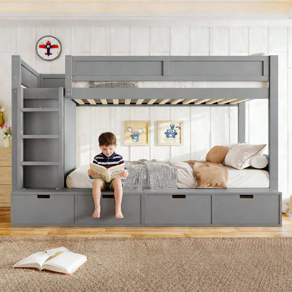 English Elm Twin Triple Bunk Bed Metal L-shaped Frame Sleeps Three Kids White Finish W1580S00474