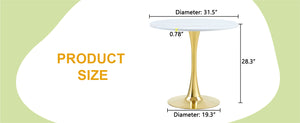 English Elm Round Faux Marble Tulip Pedestal Dining Table Mid Century Modern for Small Bistro Spaces Gold+White W2920P400992