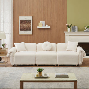 English Elm 112 Plush Teddy Velvet Sofa 112" x 38.2" x 28.3" with Metal White Legs, 3-Person Seating, 3 Pillows, 500lb Capacity Beige W1278S00050