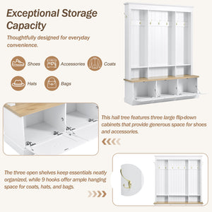 English Elm Farmhouse Hall Tree with Triple Arch Back Panel Eight Hooks Drawers and Entryway Bench White N721S000062K