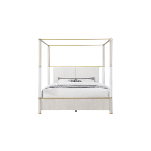 English Elm Malco Queen Oak Four Post Bed with Upholstered Headboard, Gold Accents, Low Profile Solid Wood Design B201S00423