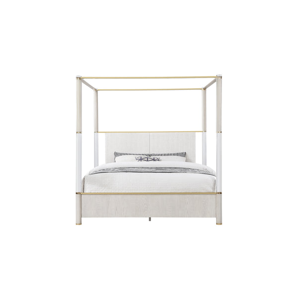 English Elm Malco Queen Oak Four Post Bed with Upholstered Headboard, Gold Accents, Low Profile Solid Wood Design B201S00423