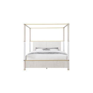 English Elm Malco King Oak Four Post Bed with Upholstered Headboard, Acrylic Posts & Gold Accents, Low Profile - Solid Wood MDF Luxurious Design B201S00422