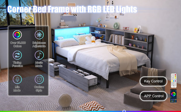 English Elm Twin Corner Daybed with Bookcase Headboard Led Lighting and Usb Charging Ports W3107P396518