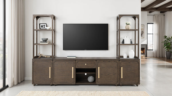English Elm Transitional Vellara Entertainment Center Dark Walnut Finish 118"W x 78"H Recessed Panels, Gold Handles B2741S00692