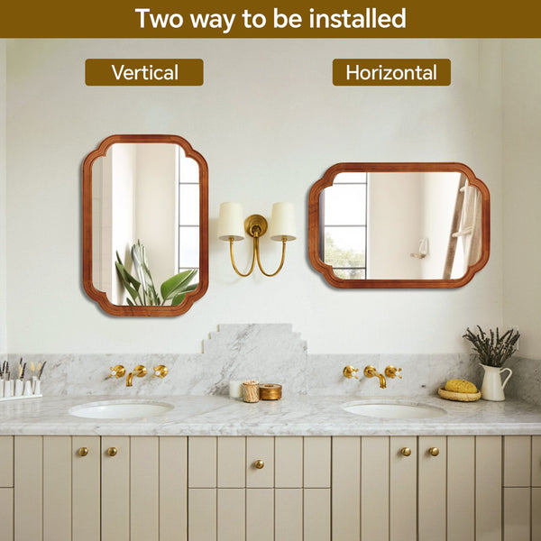 English Elm Yellowish Solid Wood 20"x30" Rounded Corner Decorative Mirror with Rustic Grain, Tempered Glass Finish W2203P389107