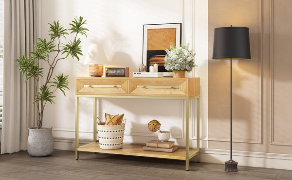 English Elm Trexm Retro Modern Console Table Two Drawers Geometric Matte Black Gold Entryway N715P227910N