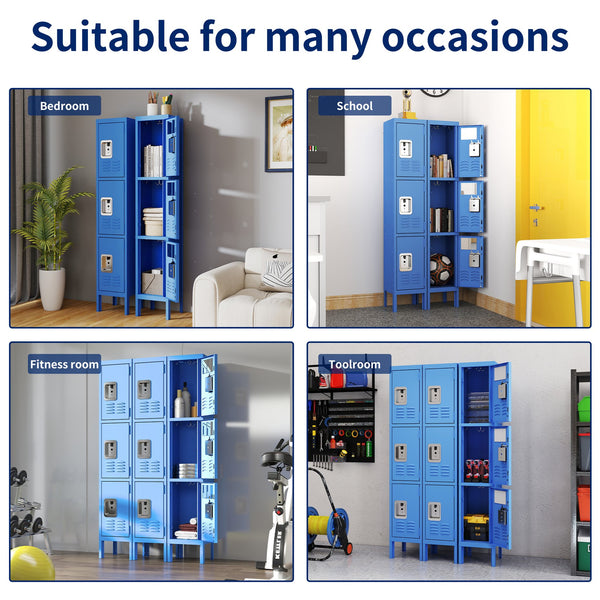 English Elm 66"H Metal Lockers 3-Door Blue with Ventilation, Mirrors & Anti-Pry Locks for Gym Office School Home Garage T2398P342713