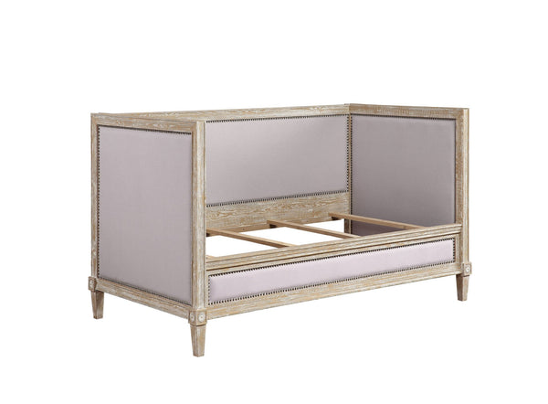 English Elm Beige Padded Linen Twin Daybed with Nailhead Trim, 13-Slat Support & Weathered Oak Tapered Legs B062S00502