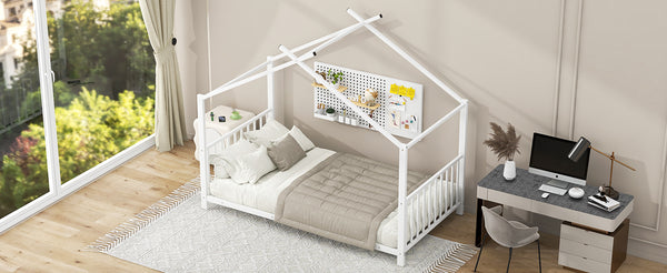 English Elm Twin Metal House Platform Bed with Slat Kit for Kids Sleepovers Sturdy Frame Elegant Silhouette 63.8"H White MF322835AAK