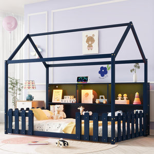 English Elm Twin House Bed with LED Light and Built-In Bookshelf, Solid Wood Playhouse Design for Kids Safety Navy Blue 78.15 L x 15.75 W x 6.1 H W2593P269090