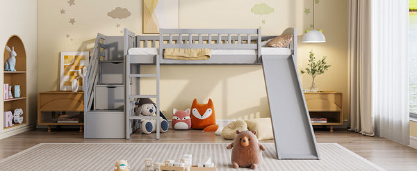 English Elm Stairway Twin Loft Bed with Storage Staircase Slide and Guardrails for Kids Gray LT000515AAE-1