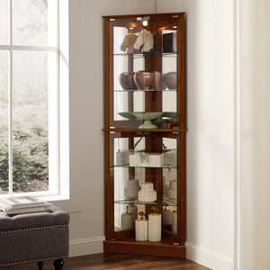 English Elm Walnut Corner Display Cabinet with Mirrored Back Lit Glass Shelves for Living Room W1693P171668