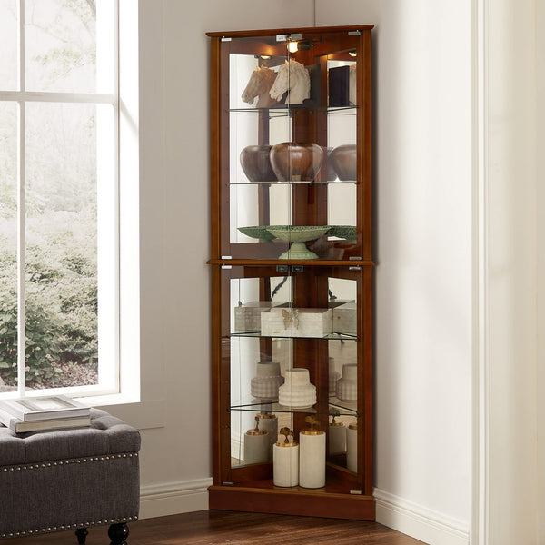 English Elm Walnut Corner Display Cabinet with Mirrored Back Lit Glass Shelves for Living Room W1693P171668