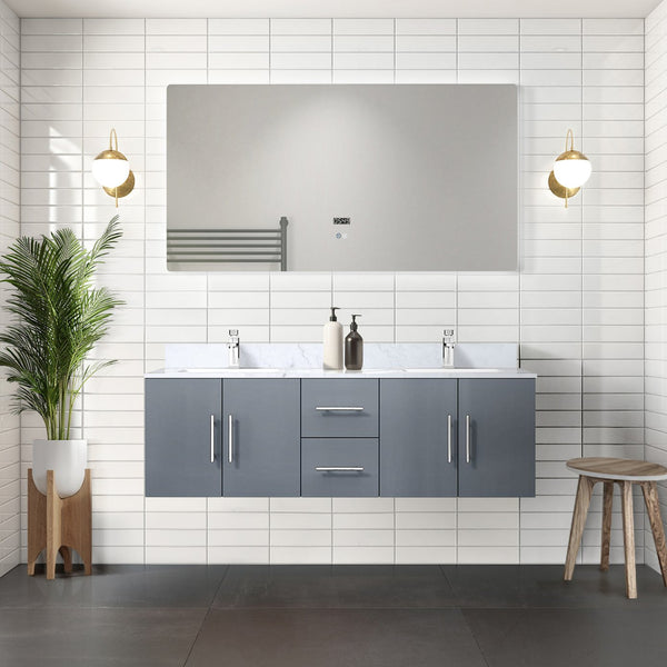 English Elm Dark Grey Double Bath Vanity Set With Carrara Marble Top & 60-Inch Led Mirror For Modern Bathrooms B2731S00668