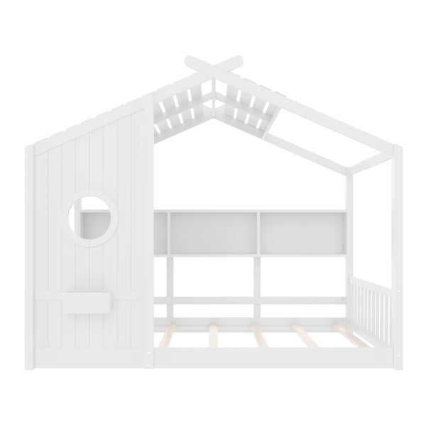 English Elm Full House Floor Bed with Roof Playhouse Design, Montessori Style with Rear Storage Shelf, Sturdy Pine White 78.5 L x 16.35 W x 8 H N733P335068K