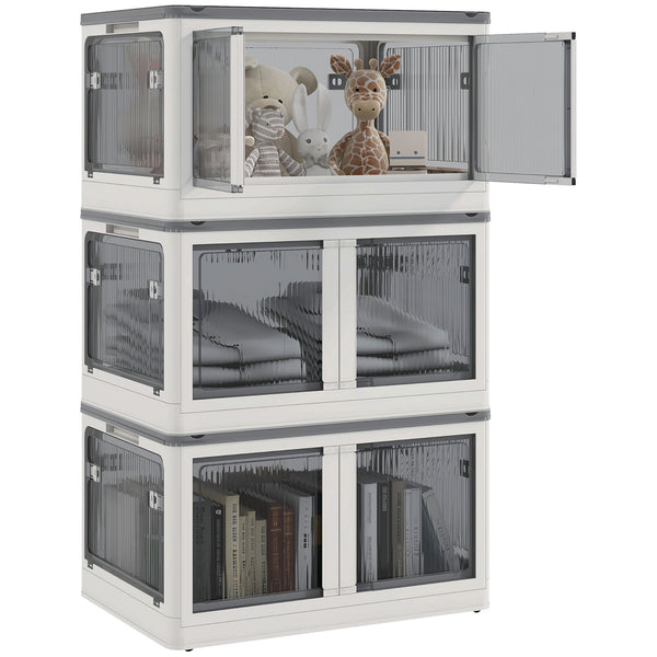 English Elm HOMCOM Collapsible 3-Unit Stackable Storage Bins with Lids & Wheels, 18 gal, Five-Sided Access, White W2225P173955