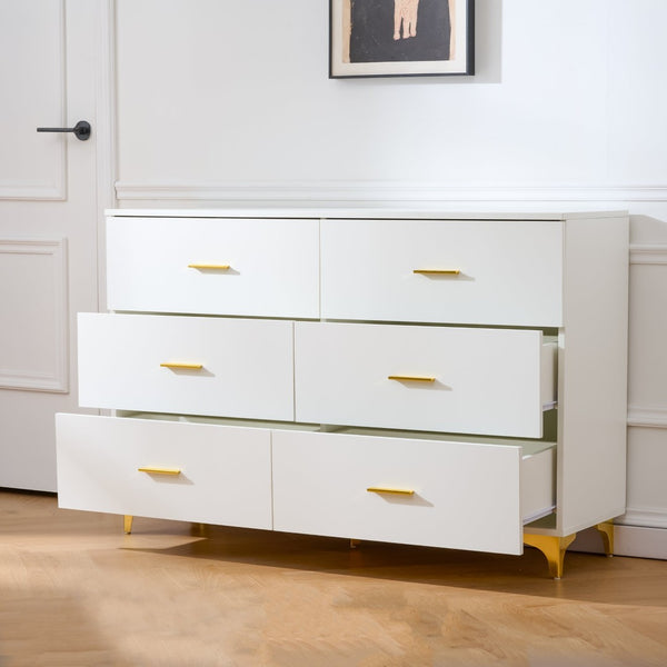 English Elm Six Drawer Elegant White Locker With Gold Accents And Triangular Legs For Modern Stylish Storage W3871P368993-GIGA