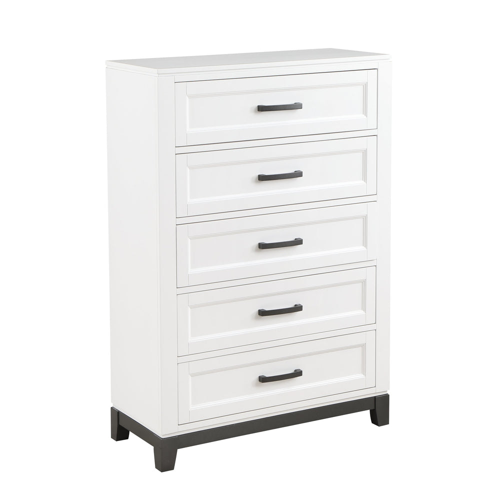 English Elm White Five Drawer Chest Solid Wood Farmhouse Bedroom Storage with Bar Pulls B011P270969