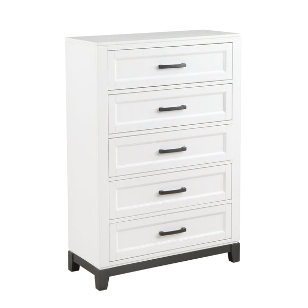 English Elm White Five Drawer Chest Solid Wood Farmhouse Bedroom Storage with Bar Pulls B011P270969