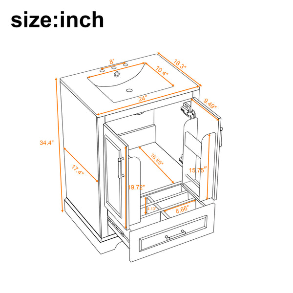 English Elm 24"Bathroom Modern Vanity with Ceramic Sink, Solid Wood Frame, Soft-Close Doors & Smart Storage System Black N729P321378B