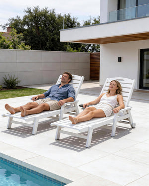 English Elm Patio Hdpe Chaise Lounge Outdoor Reclining Poolside Chair with Built-in Cup Holder White W1859P478491