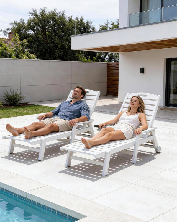 English Elm Patio Hdpe Chaise Lounge Outdoor Reclining Poolside Chair with Built-in Cup Holder White W1859P478491