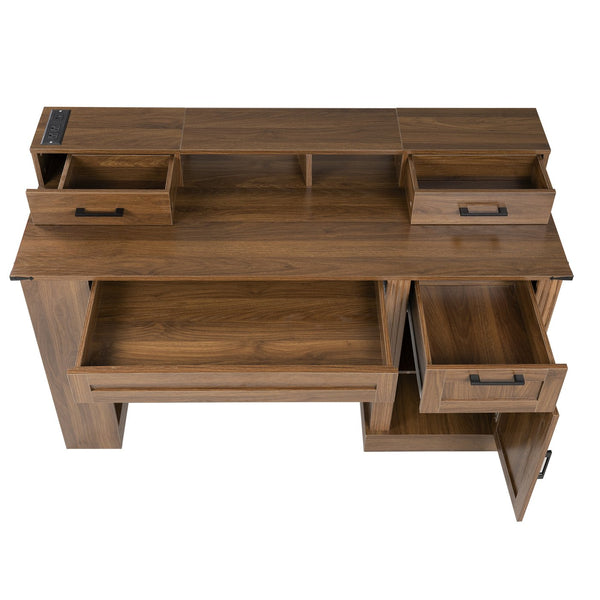 English Elm 55" Farmhouse Writing Desk with Cabinet Charging Station Pegboard and Monitor Stand Dark Walnut W2917S00009