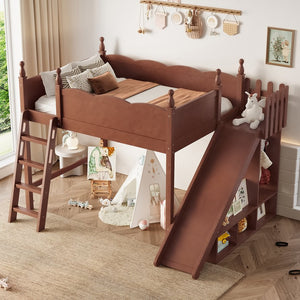 English Elm Twin Loft Bed Solid Pine Frame with Wardrobe Shelving Detachable Slide Kids Room Antique Natural W5305S00025