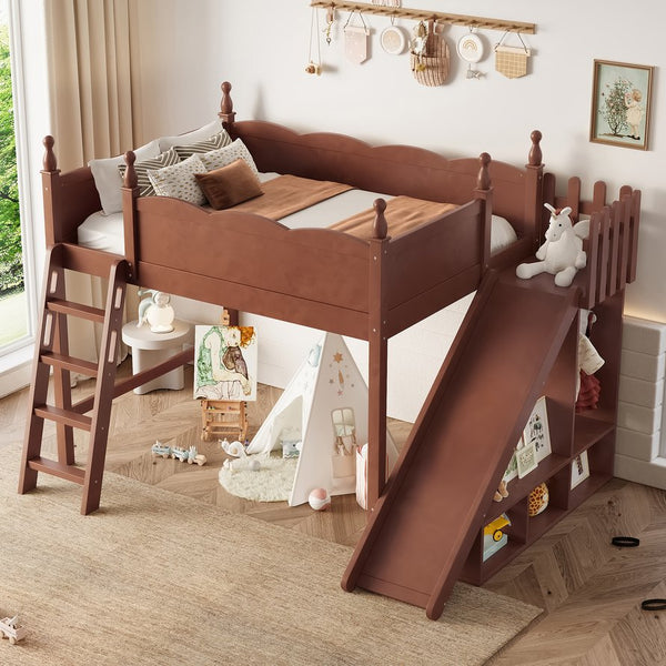English Elm Twin Loft Bed Solid Pine Frame with Wardrobe Shelving Detachable Slide Kids Room Antique Natural W5305S00025