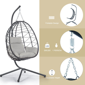 English Elm Egg Rattan Hanging Chair with Stand – All-Weather PE Wicker Swing Seat, Cozy Cushion, 350lb Capacity Light Gray W874106467