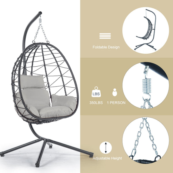 English Elm Egg Rattan Hanging Chair with Stand – All-Weather PE Wicker Swing Seat, Cozy Cushion, 350lb Capacity Light Gray W874106467